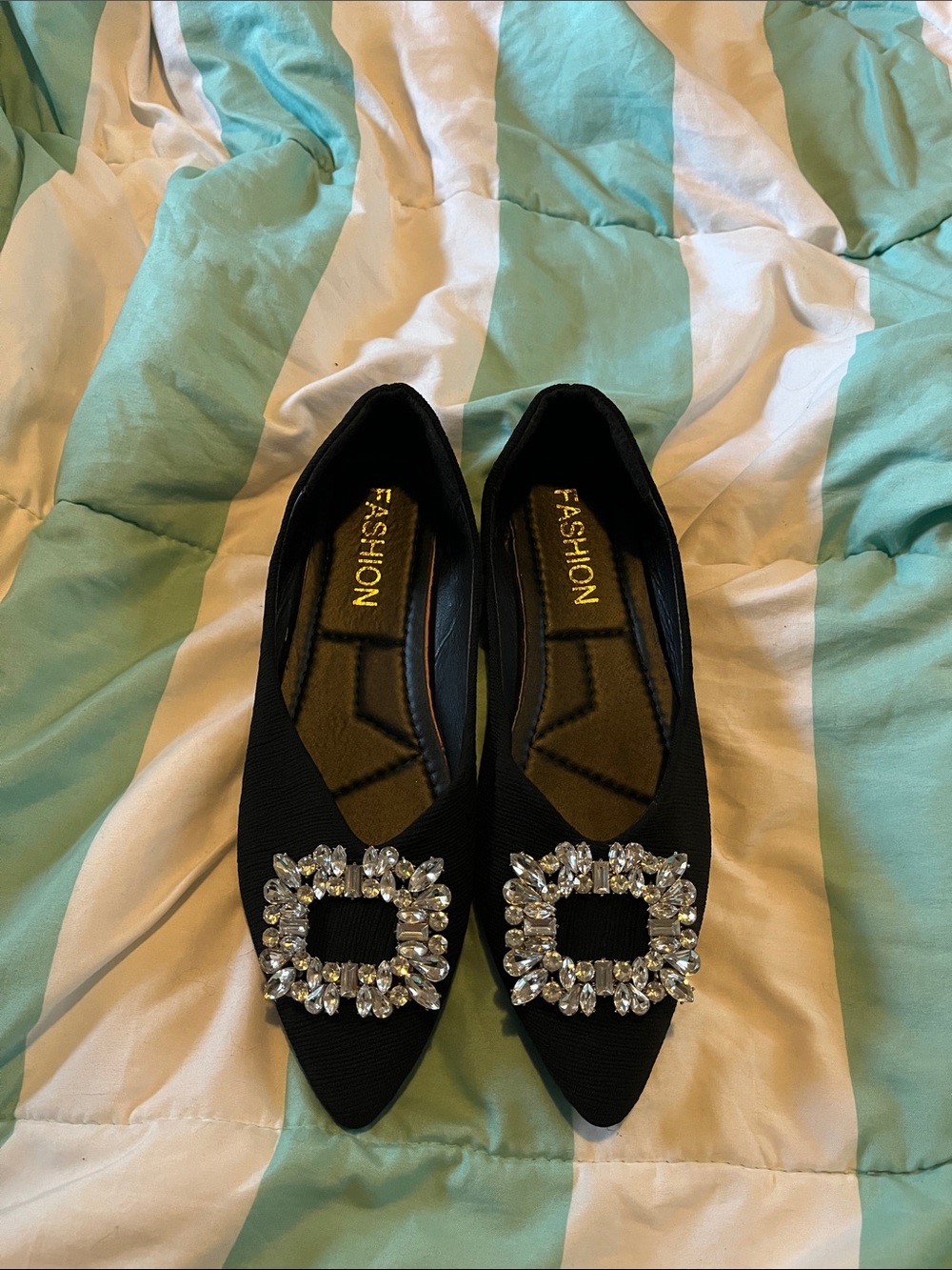 SHEIN Black Pointed Flats with Crystal Buckle